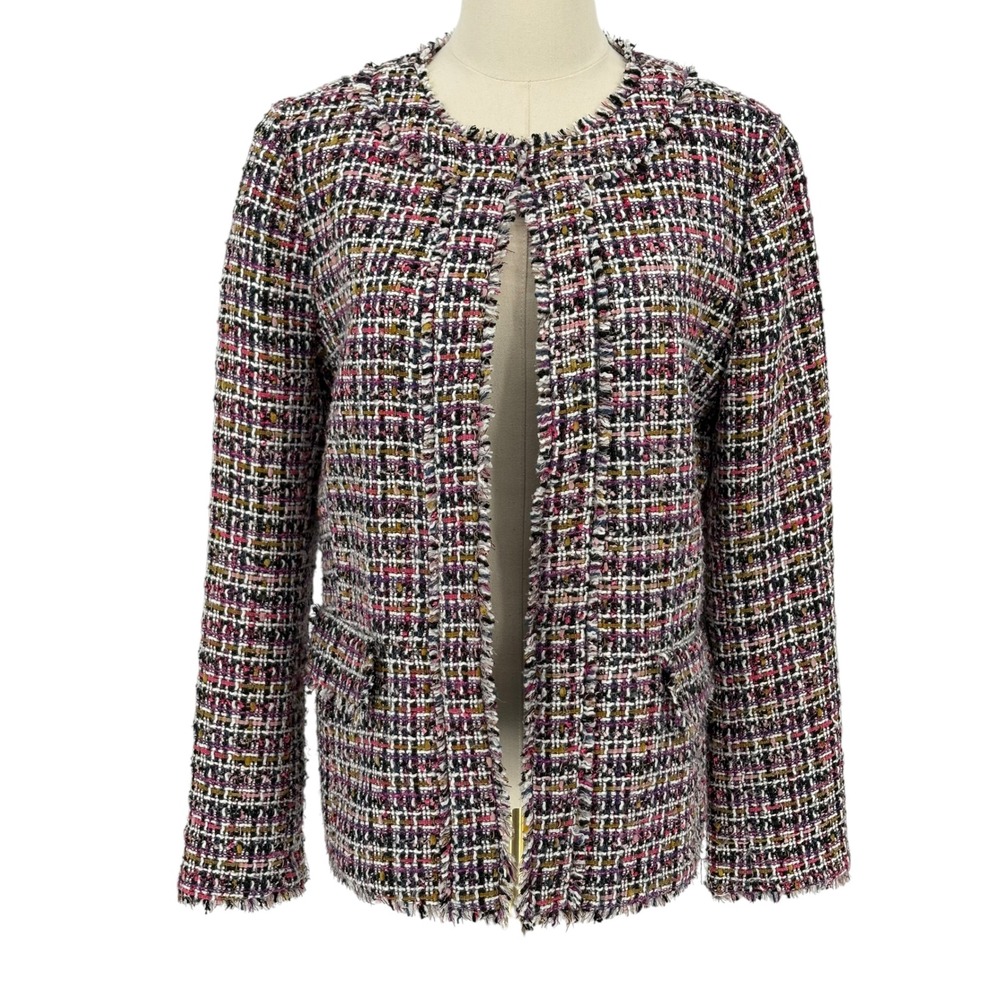 Ann Taylor Tweed Jacket Multi-Color Fringe Trim Open Front Blazer 10T
